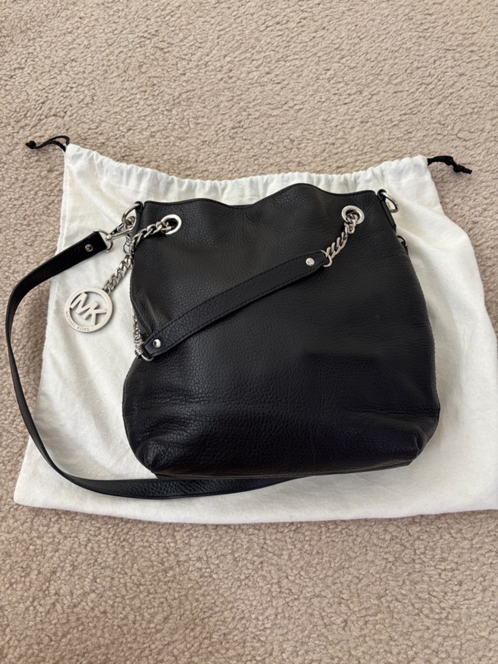 Michael Kors Black Pebble Leather Shoulder Bag with Silver MK Charm